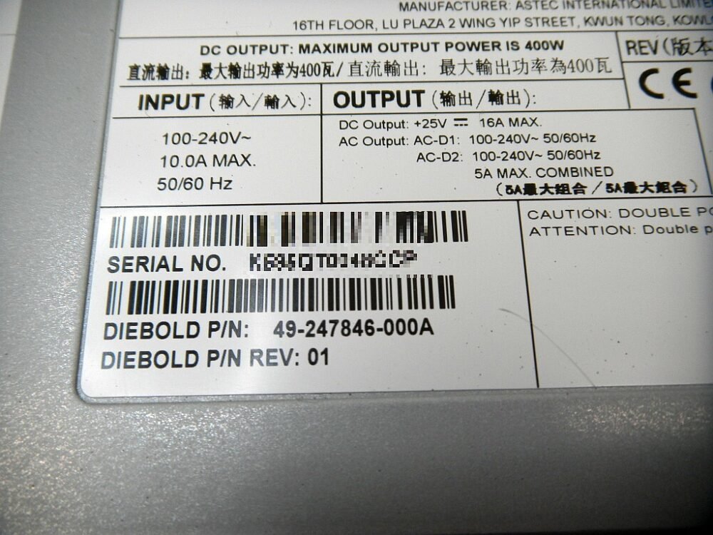 2452-4 Diebold PWR SPLY, SWTCHR, MULTVOLT, W400 PN: 49-247846-000A, 49247846000A