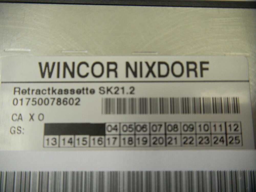 Wincor Nixdorf RETRACT CASSETTE SK21.2 PN: 01750078602, 1750078602