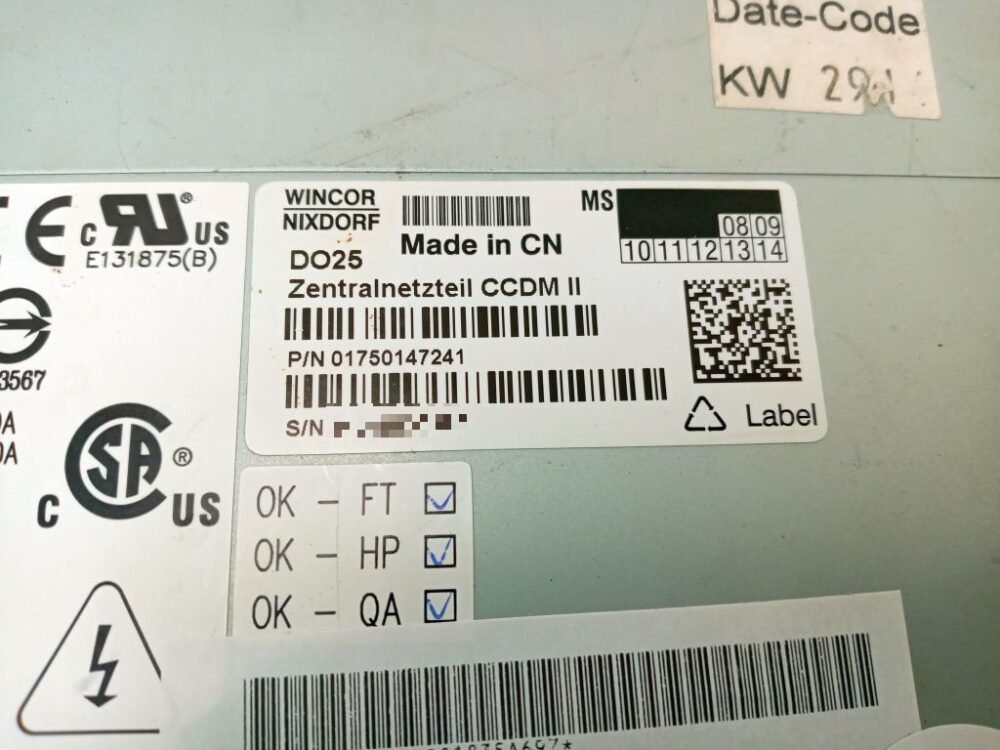 Wincor Nixdorf CENTRAL POWER SUPPLY (CCDM) II PN: 01750147241, 1750147241