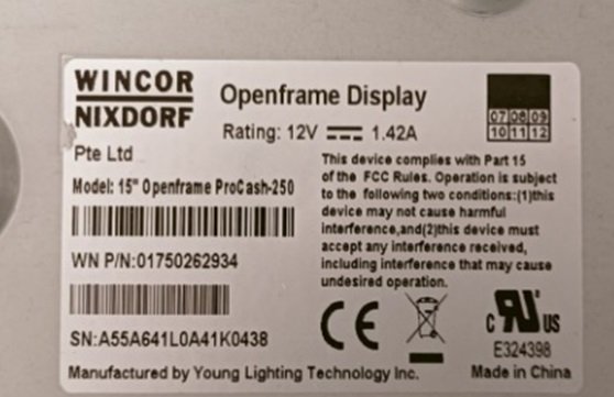 Wincor Nixdorf Displays 15" Openframe ProCash-250, IVO/YLT PN: 01750262934