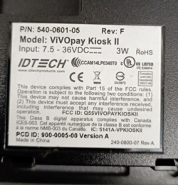 ID TECH VIVOpay Kiosk II MAIN CONTROL UNIT PN: 540-0601-05, 540060105