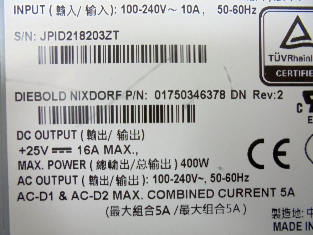 3703-6 Diebold Nixdorf POWER SUPPLY, SWITCHR, MULTVOLT, W400 PN: 01750346378, 1750346378