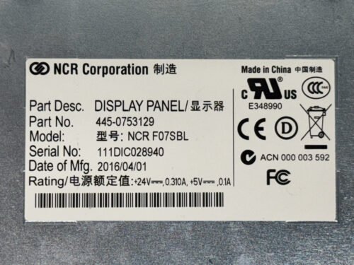 NCR, DISPLAY PANEL, NCR F07SB, PN: 445-0753129, 4450753129